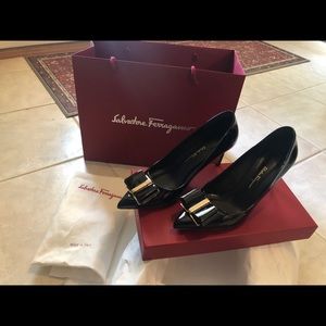 Salvatore Farragamo Black Patent heel with bow, size 9B, worn once.
